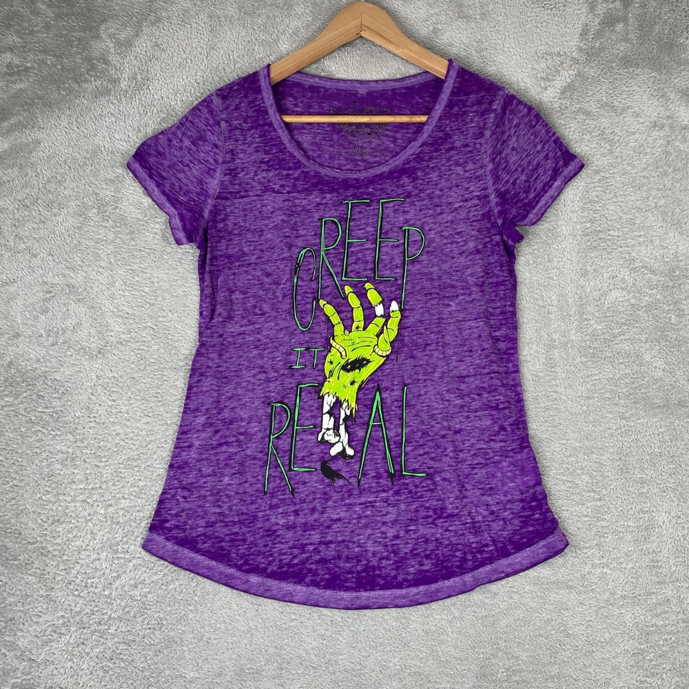 Rocker Girl Graphic Tee Womens Medium Purple Creep It Real Zombie‎ Burnout Goth